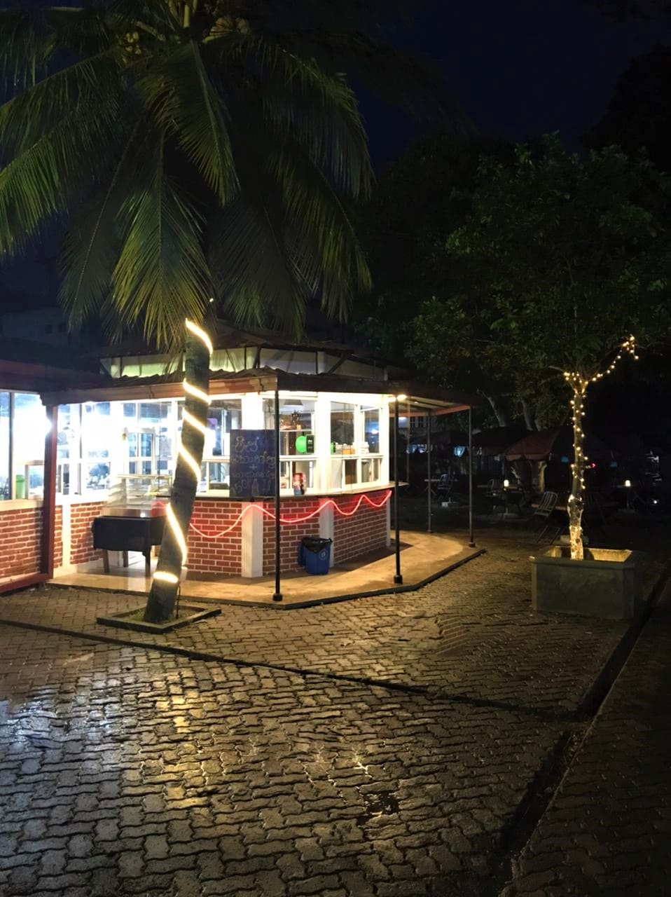 A small outdoor kiosk is illuminated by soft lighting at night, featuring large windows that showcase a variety of beverages and snacks. The area is accented by palm trees and decorative lights, enhancing the lively atmosphere of the surrounding environment.