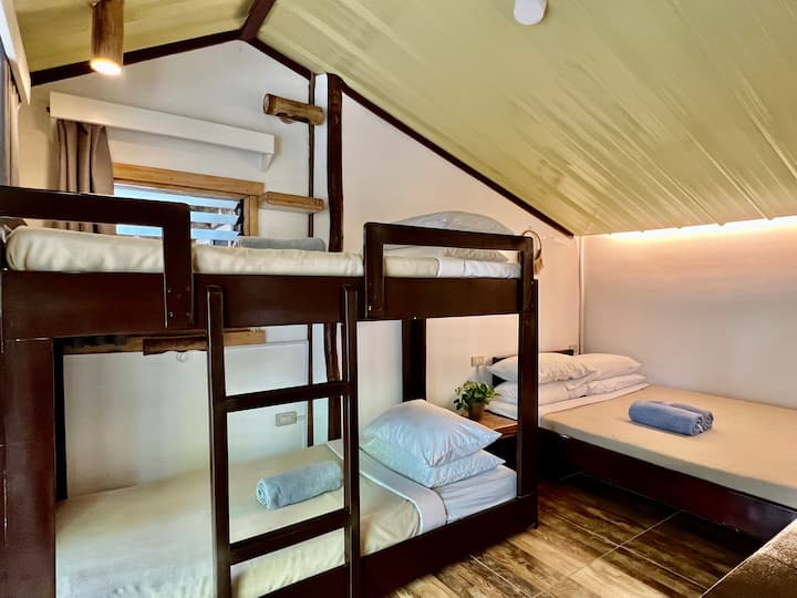 This is the best bedroom of Beach Hut  #2. It has a double bed and two single bunk beds. This has an ensuite bathroom.
