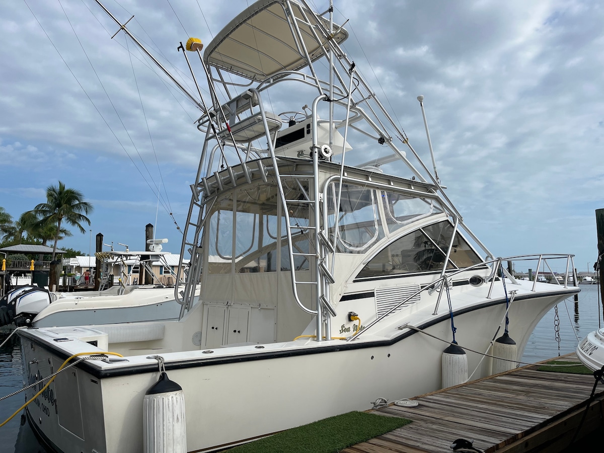 A well-maintained fishing boat is docked at the marina, featuring a spacious upper deck and multiple fishing rod holders. The surrounding water reflects the cloudy sky above, with greenery visible in the background, creating a relaxed nautical atmosphere.