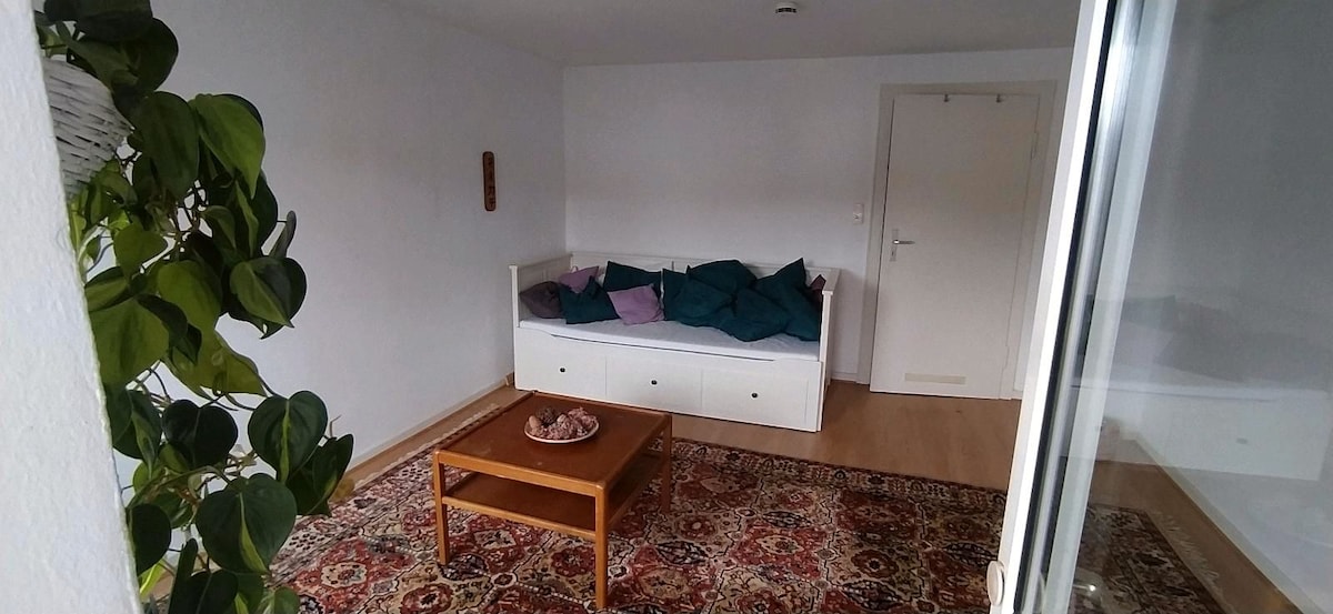 A spacious living area features a white, multi-functional sofa adorned with plush pillows in shades of green and purple. A wooden coffee table sits on an intricately patterned rug, while potted greenery adds a touch of nature to the inviting space.