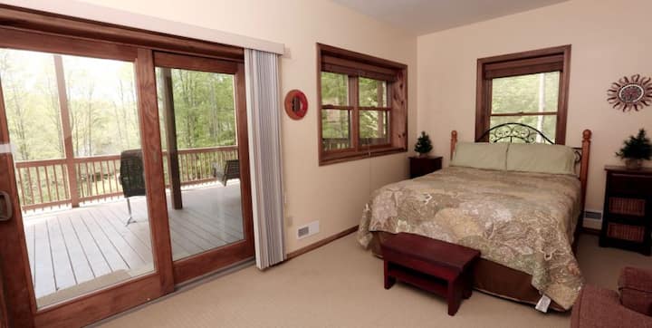 غرفة نوم في الطابق السفلي مع سطح خاص وحمام داخلي وتلفزيون