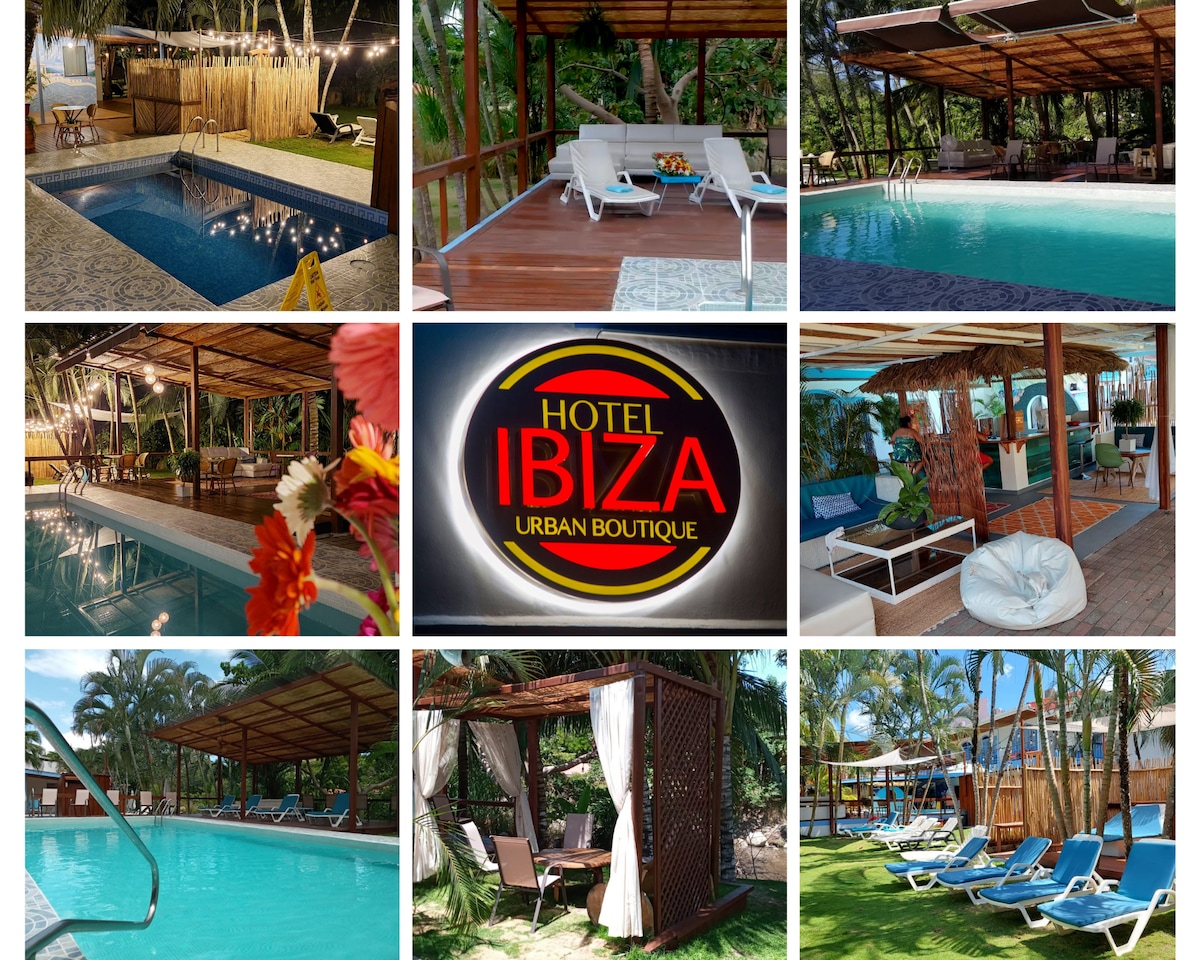 A collection of images showcases two inviting swimming pools surrounded by lounge chairs and tropical landscaping. Various shaded areas with comfortable seating are displayed, alongside vibrant flora. A central sign displays the hotel's name, adding to the charm of the outdoor ambiance.