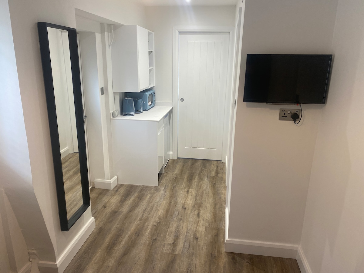 A bright, newly renovated kitchenette area features a modern design with white cabinetry and a mirrored wall. Two blue appliances are visible on the countertop, along with ample floor space and laminate flooring that contributes to the clean aesthetic. A wall-mounted television is positioned nearby.