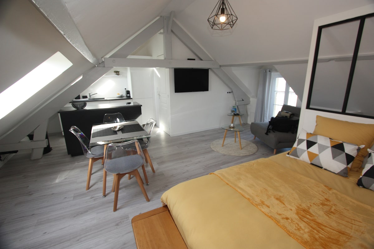 A bright studio space features a spacious bed adorned with a yellow blanket. A cozy seating area is positioned nearby, along with a dining table surrounded by modern chairs. A minimalist kitchen is visible in the background, enhancing the open-concept layout.