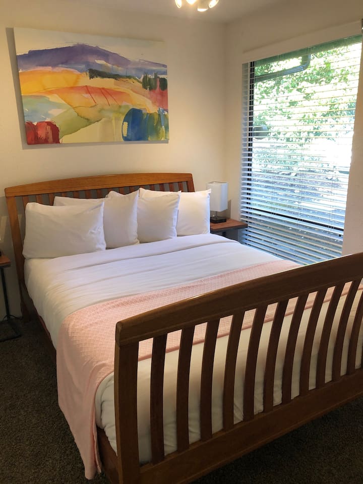 Third bedroom with a queen size memory foam mattress.  Three types of pillows are provided for your comfort.
