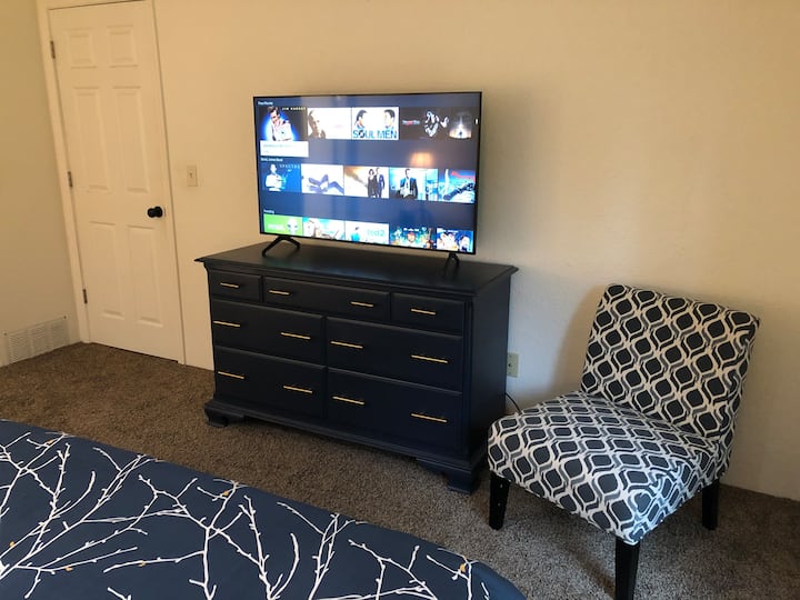 Master bedroom with TV.  Use the Roku remote with guest mode and never worry about your logins after you leave.