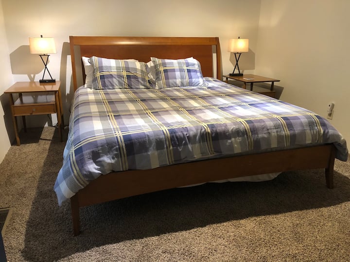 King size bed with memory foam mattress and three types of pillows for your comfort.