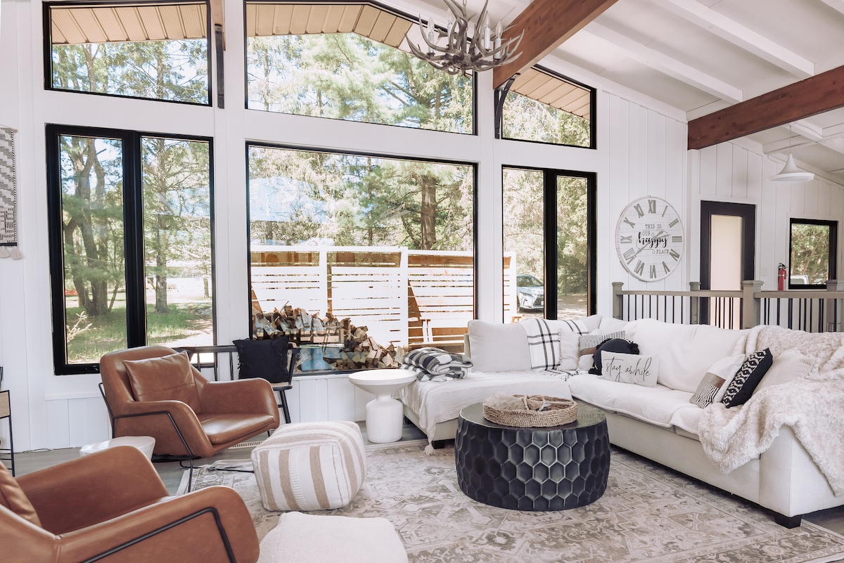 Cozy family room with wood burning fire place