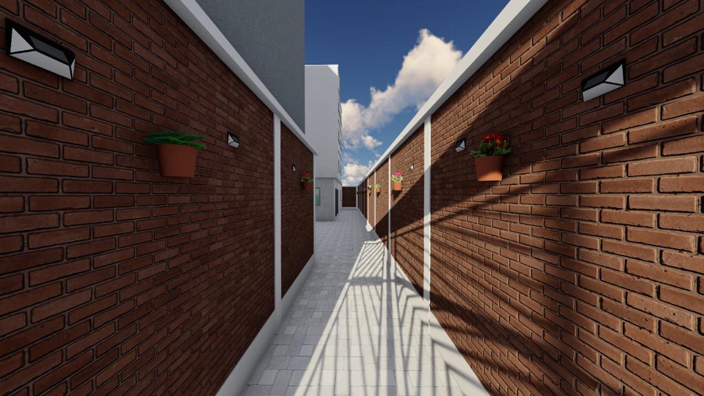 A well-lit corridor features smooth white tiles flanked by brown brick walls. Wall-mounted lights and potted plants add subtle touches. The area is designed for easy navigation, with sunlight casting long shadows across the pathway.