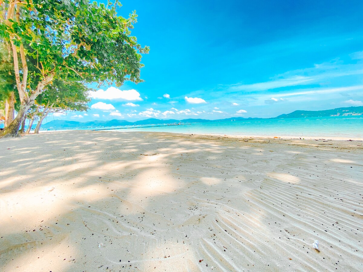 A serene stretch of white sandy beach is captured under a bright blue sky, with gentle waves lapping at the shore. The shore is framed by occasional trees, casting soft shadows on the sand, suggesting a peaceful environment for relaxation.