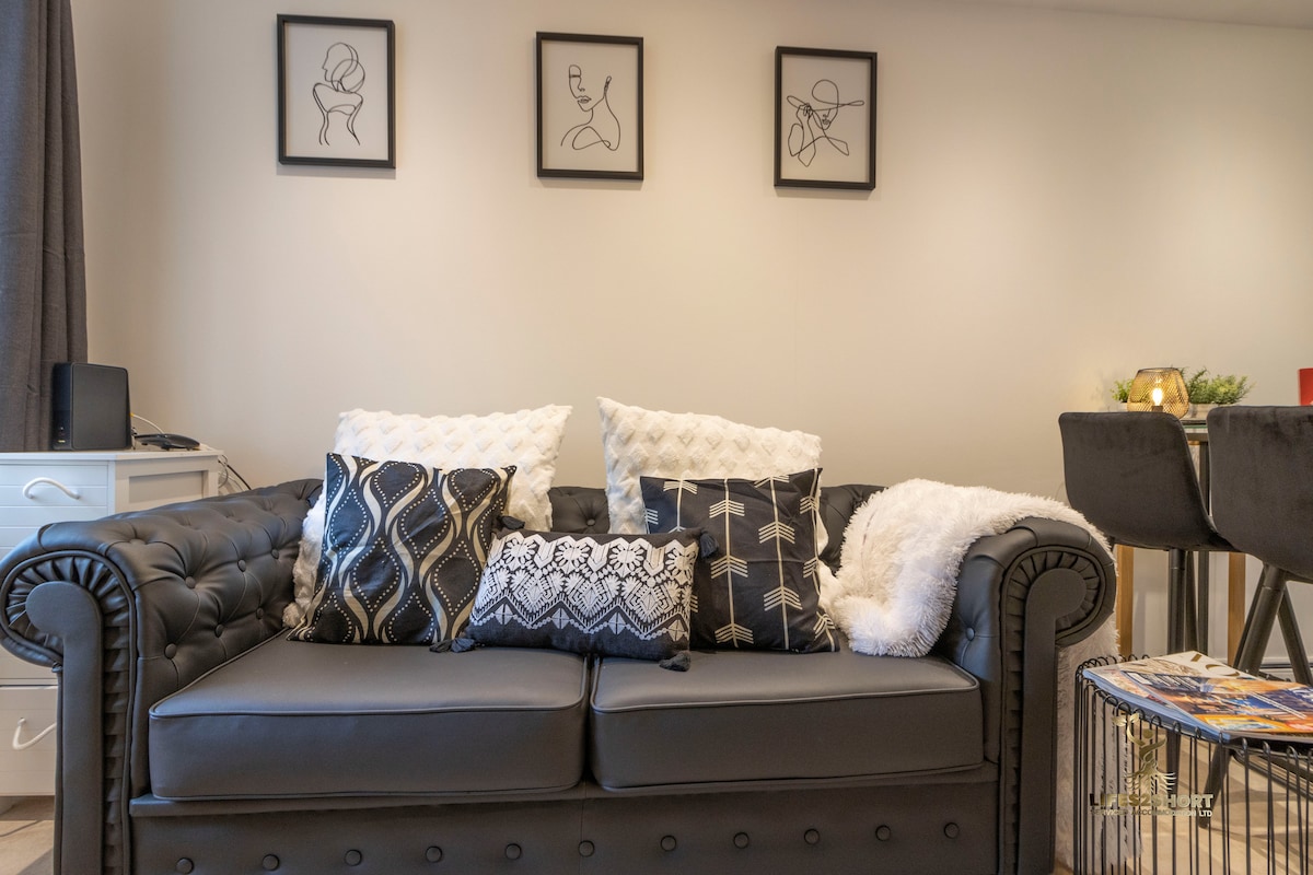 A stylish sofa, upholstered in black, is adorned with an array of decorative pillows featuring various patterns. Above the sofa, three framed minimalist line drawings are displayed against a neutral wall, adding a contemporary touch to the living area.