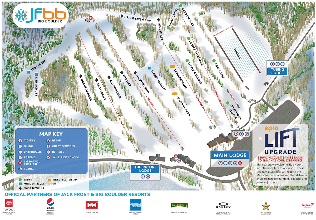 A detailed trail map of Big Boulder and Jack Frost ski resorts is presented, displaying various slopes and trails marked in different colors. Key features such as the main lodge, lifts, and designated areas for lessons are clearly indicated for easy navigation.