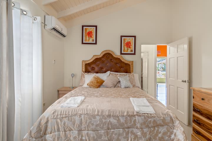 Bedroom #2 (Queen size bed,  ceiling fan,  AC unit and television. 
