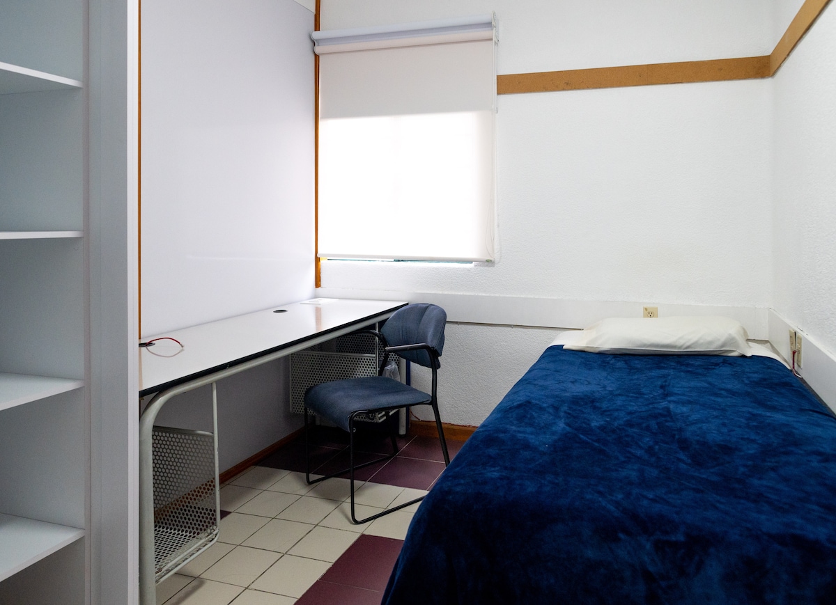 A simple bedroom features a spacious bed covered with a soft blue blanket. A white desk is positioned beside the bed, accompanied by a single chair. Natural light enters the room through a shaded window, illuminating the clean, minimalistic space.