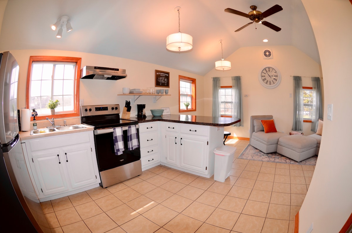 A bright kitchen area features white cabinetry and modern appliances, including a stainless steel oven. A spacious countertop is complemented by a ceiling fan. Natural light streams through multiple windows, illuminating a cozy seating area with a light-colored couch and a decorative pillow.