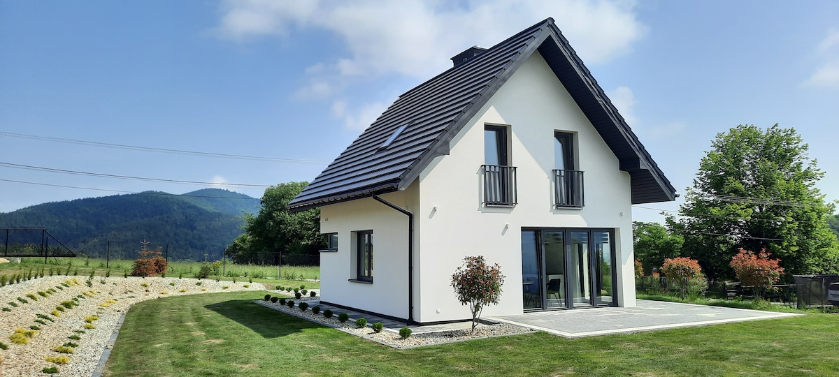 A modern two-story house is set against a backdrop of rolling hills. The exterior features a combination of sloped roofs and large glass doors, leading to a spacious patio area. Lush green grass surrounds the home, complemented by well-maintained landscaping.