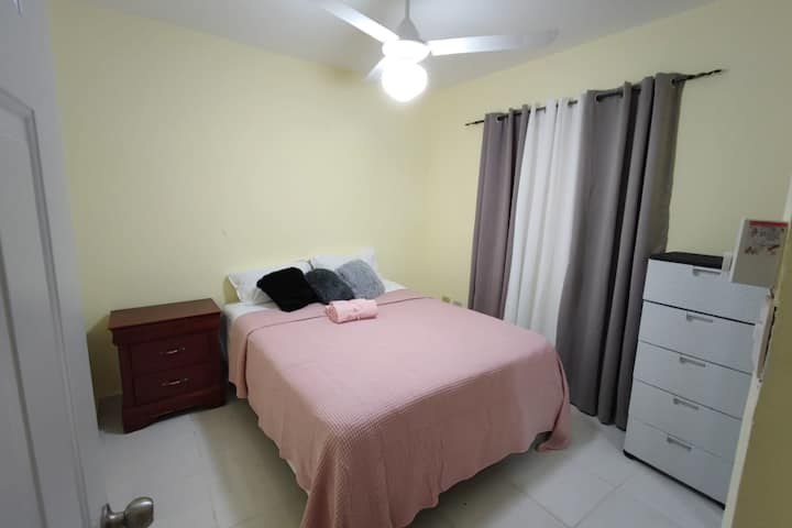 Ang pink na kuwarto. May kisame na bentilador at sapat na imbakan ng mga damit. 