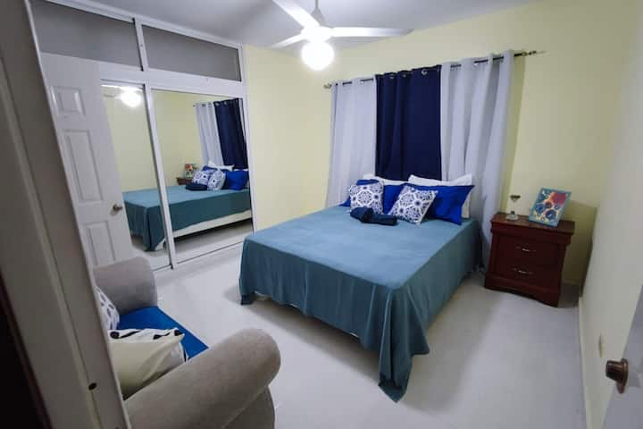 Pangunahing kuwarto. May banyo, air conditioning, ceiling fan, at sapat na imbakan ng mga damit. 