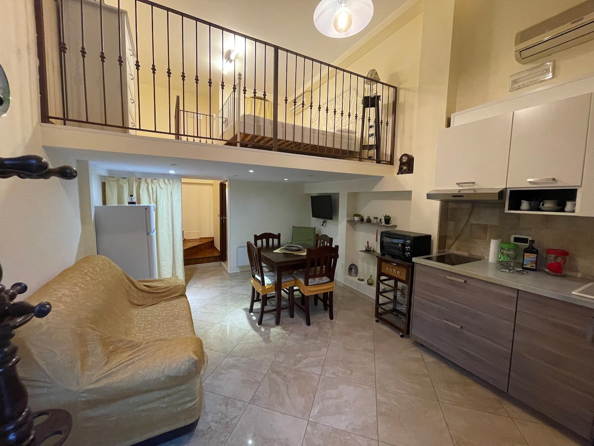An open living area showcases a compact kitchen adjacent to a dining table with four chairs. A cozy sofa is positioned nearby. Above, a lofted sleeping area is accessible via a sturdy staircase, contributing to the apartment's functional layout.
