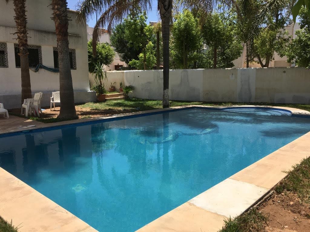 A private swimming pool is surrounded by a green lawn, with palm trees providing shade. The clear water reflects the sunlight, while loungers are positioned nearby on a wooden deck, creating an inviting space for relaxation.