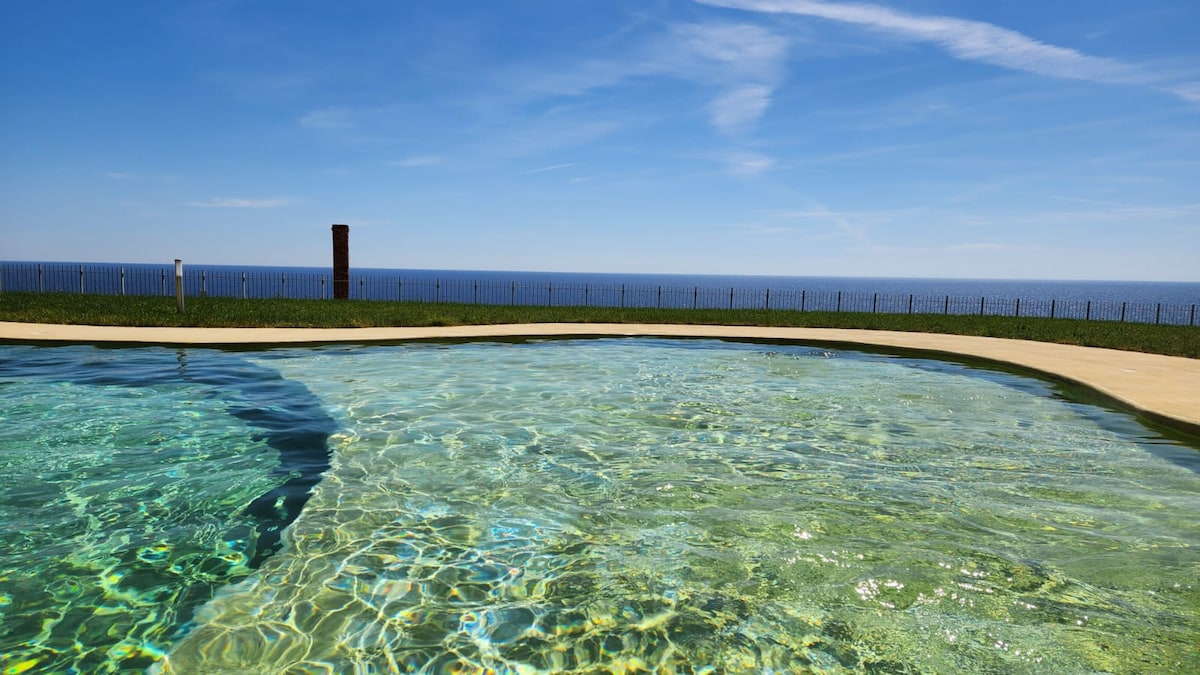A clear, inviting swimming pool glistens under a bright blue sky. The water reflects the surrounding green grass and the expansive view of the ocean, creating a serene and refreshing outdoor space ideal for relaxation.