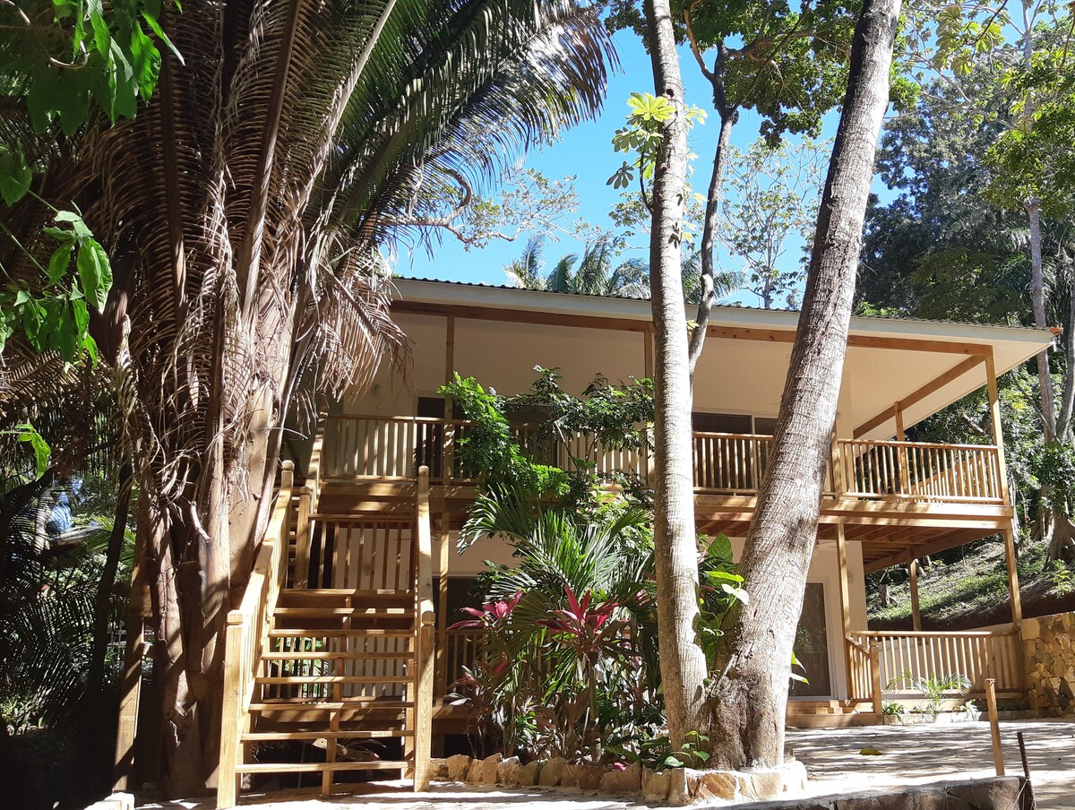 The exterior of a wooden condo is framed by lush greenery, showcasing a spacious deck with wooden railings. A staircase leads to the entrance, surrounded by tropical plants and trees, enhancing the serene atmosphere of the property.