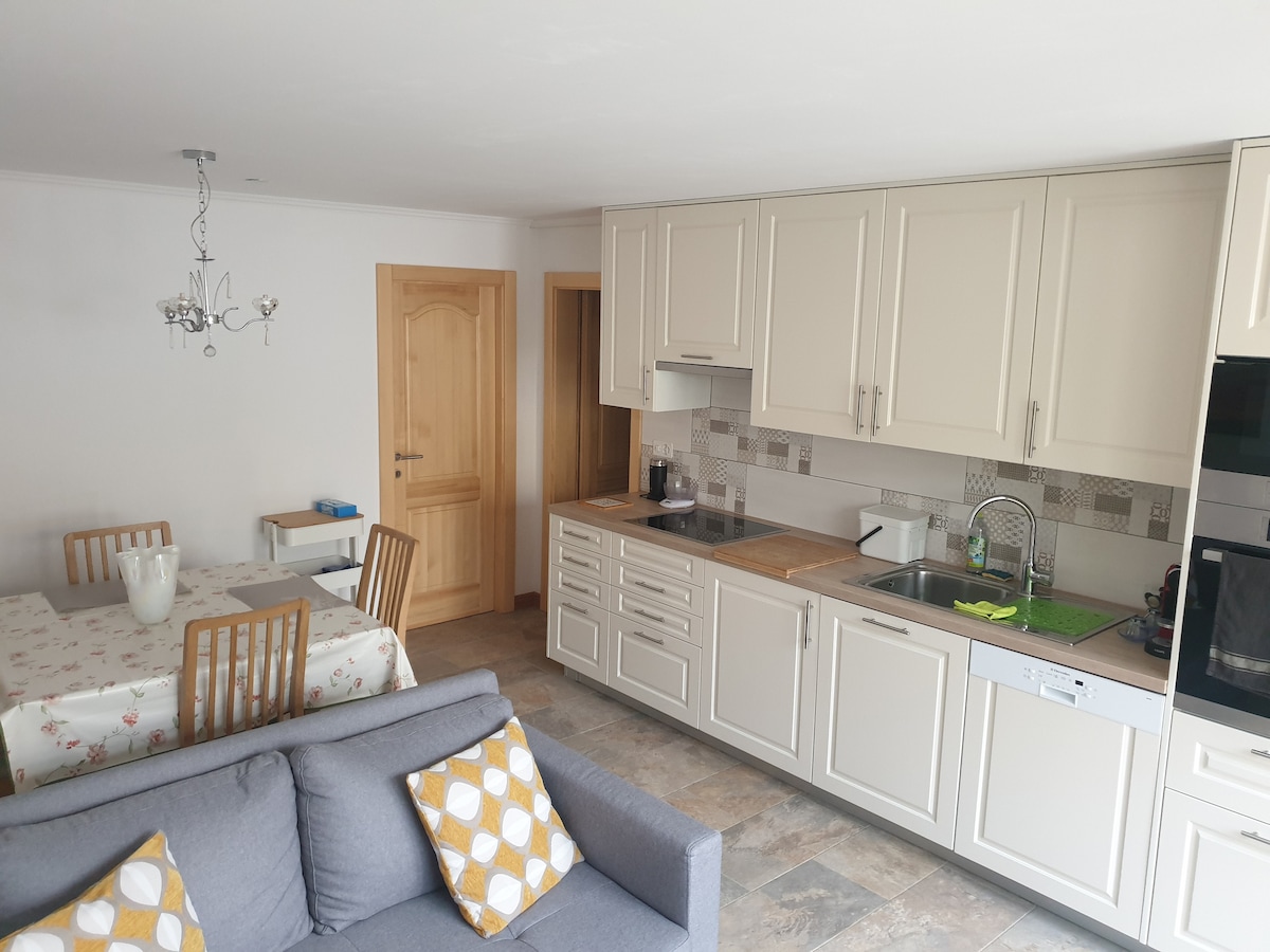 An open kitchen area is displayed, featuring light cabinetry and a modern sink. A dining table with six wooden chairs is set beside a comfortable gray sofa adorned with patterned cushions. Natural light enhances the space, creating a welcoming environment.