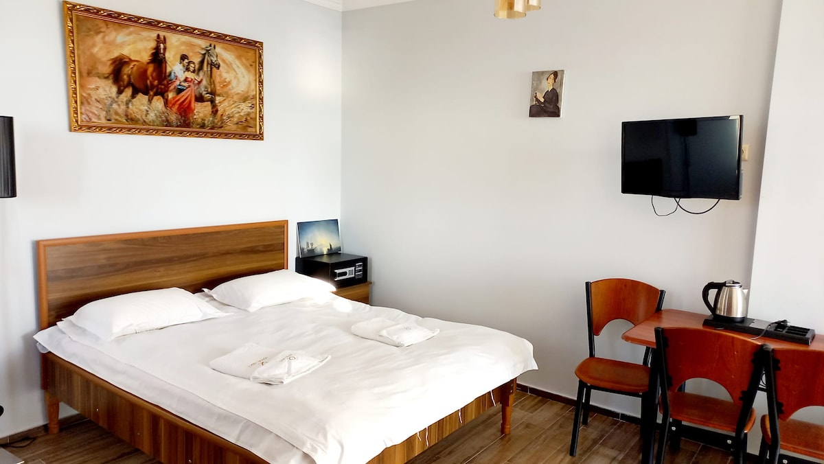 A well-organized room features a spacious bed dressed in white linens. A wooden table and a chair are positioned nearby, while a kettle is displayed on the table. Art pieces of horses adorn the walls, and a television is mounted for convenience.