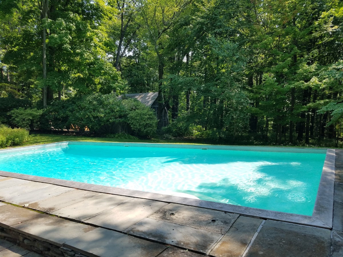 A heated, saltwater pool is surrounded by stone patio, with trees providing a lush backdrop. The water's turquoise hue reflects the sunlight, creating a serene atmosphere, while the adjacent landscaped gardens enhance the peaceful setting.