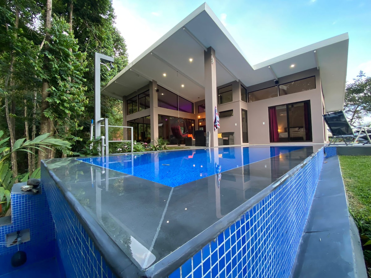 The image showcases a modern villa with a spacious infinity-edge pool extending into the lush surrounding landscape. Large glass windows reflect the vibrant natural light and provide views of the tropical greenery. The sleek architectural design blends harmoniously with the serene environment.