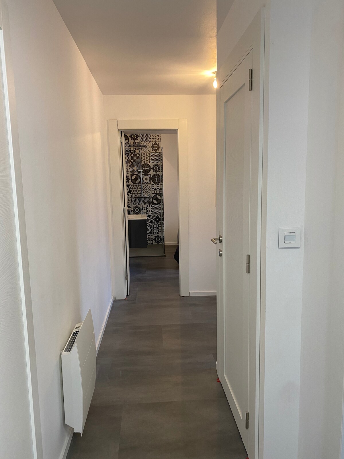 A well-lit hallway showcases light walls and sleek flooring. Doorways on either side indicate access to different spaces, while a patterned wall is visible at the far end. A heater is mounted along one side, providing practical functionality.