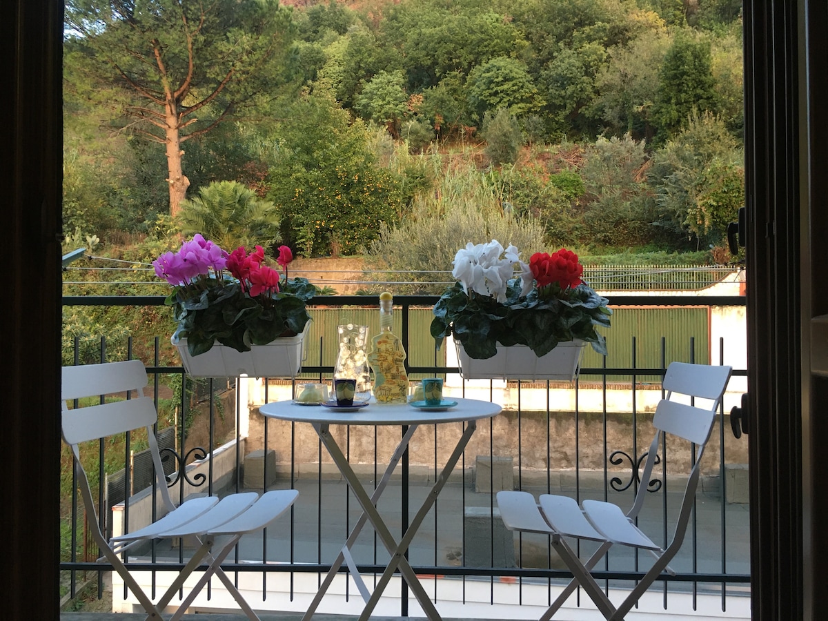 A small balcony features a round table and two folding chairs, surrounded by vibrant flower planters in shades of pink and white. Lush greenery on the hillside provides a serene backdrop, enhancing the tranquil setting.