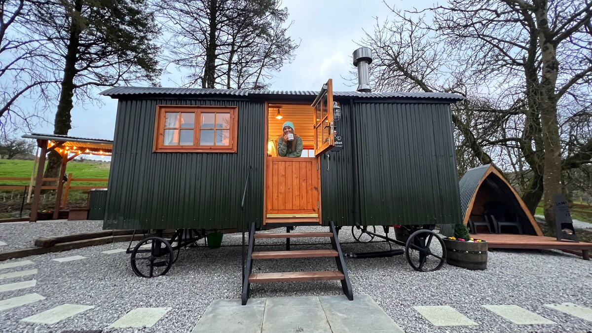 The shepherd's hut features a dark green exterior with wooden accents, paired with a welcoming front door that opens to the interior. Steps lead up to the door, surrounded by gravel and a landscaped area that includes a wooden deck and fire pit.