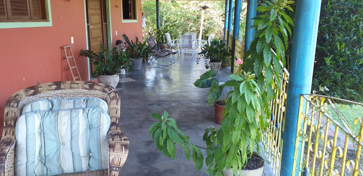 A covered porch area is featured, surrounded by lush greenery and potted plants. Wicker seating is arranged for comfort. A rocking chair is positioned nearby, creating an inviting space for relaxation. Textured concrete flooring complements the vibrant colors of the walls and railings.