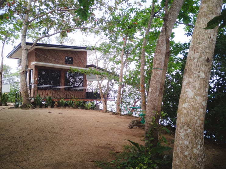 A wooden structure is positioned on a gently sloping sandy area, surrounded by lush greenery. Several trees frame the view, with large windows providing glimpses of the outdoor scenery. The building's design includes a covered balcony, enhancing the connection with nature.