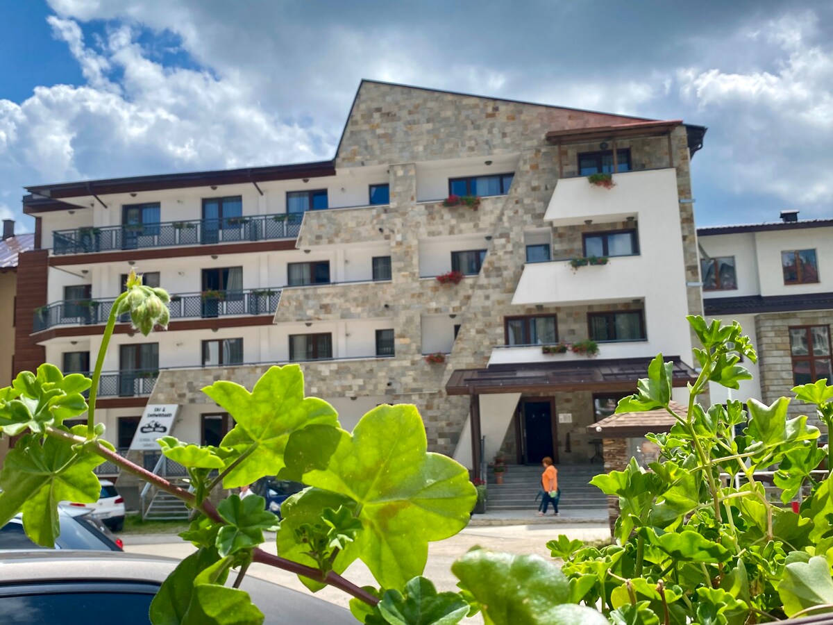 The exterior of a multi-story building is shown, featuring a combination of stone and modern architecture. Plant life is visible in the foreground, framing the building. A person is seen walking by, giving a sense of scale to the structure.