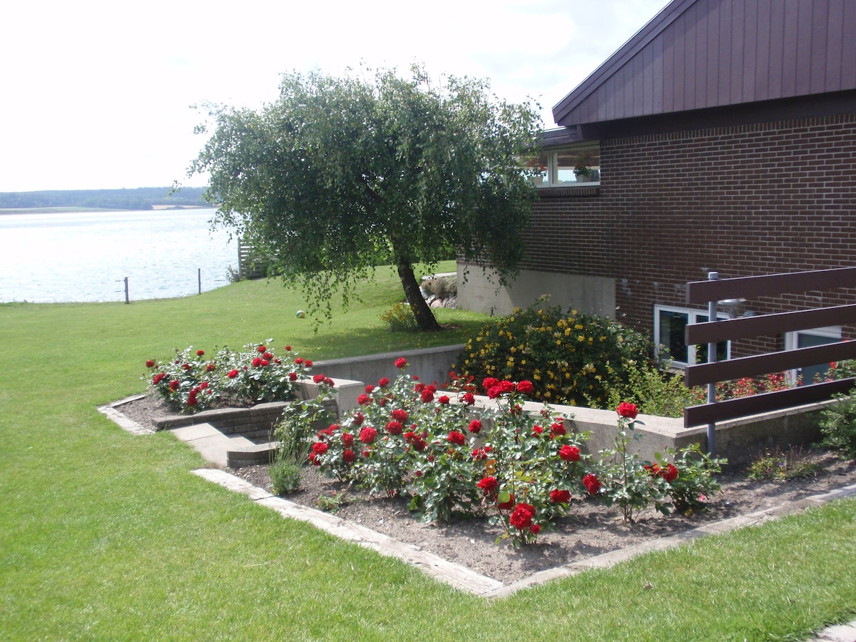 A well-maintained garden features vibrant red roses and yellow flowers along the building's side. A grassy area extends towards a calm body of water, with a tree providing shade. The garden is bordered by a low stone wall, enhancing the natural beauty of the surroundings.