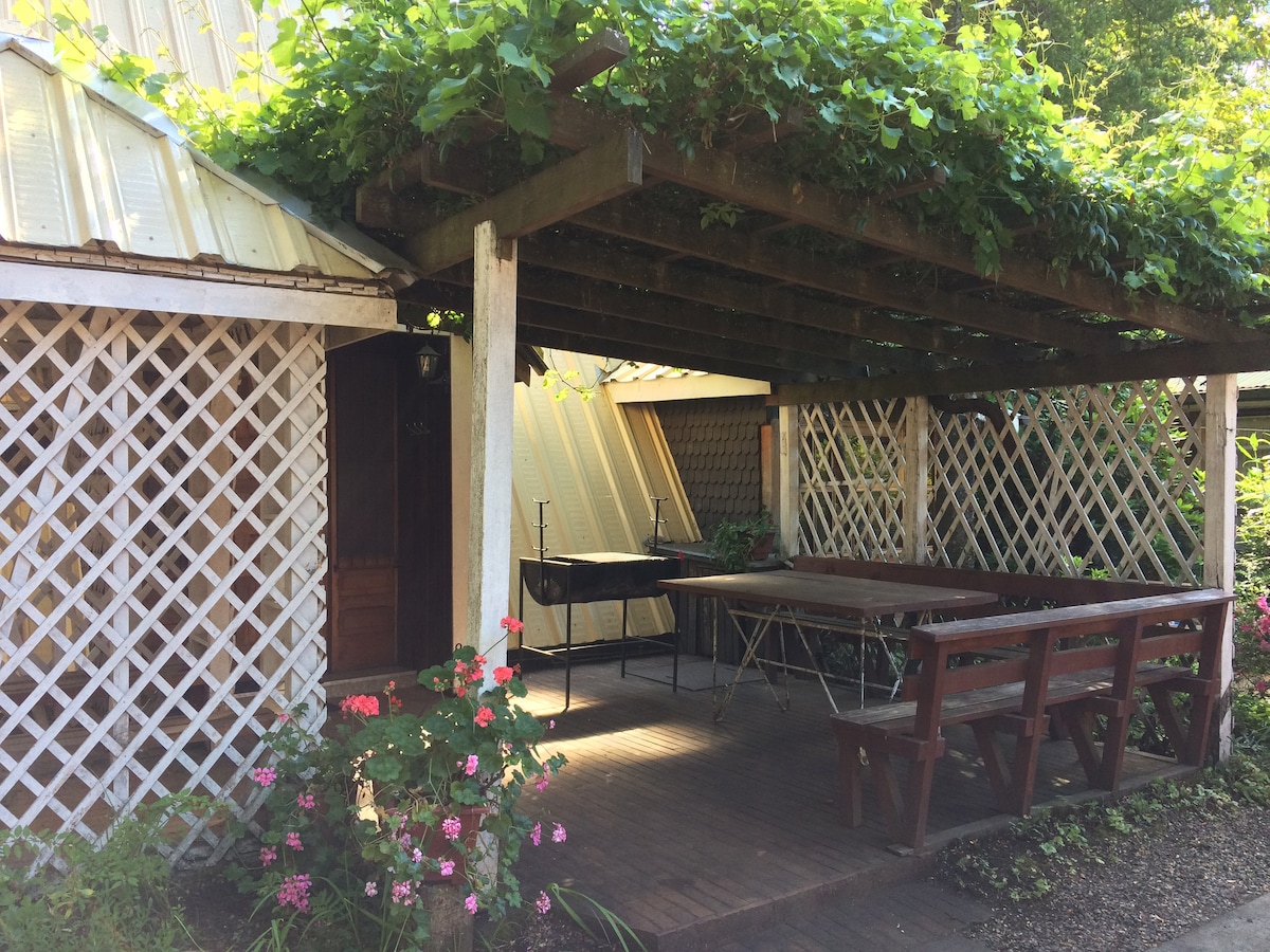 An outdoor seating area is framed by a wooden pergola adorned with greenery. A long wooden table is positioned under the shade, complemented by low benches. Surrounding flowers add natural elements to the space, enhancing the overall garden ambiance.
