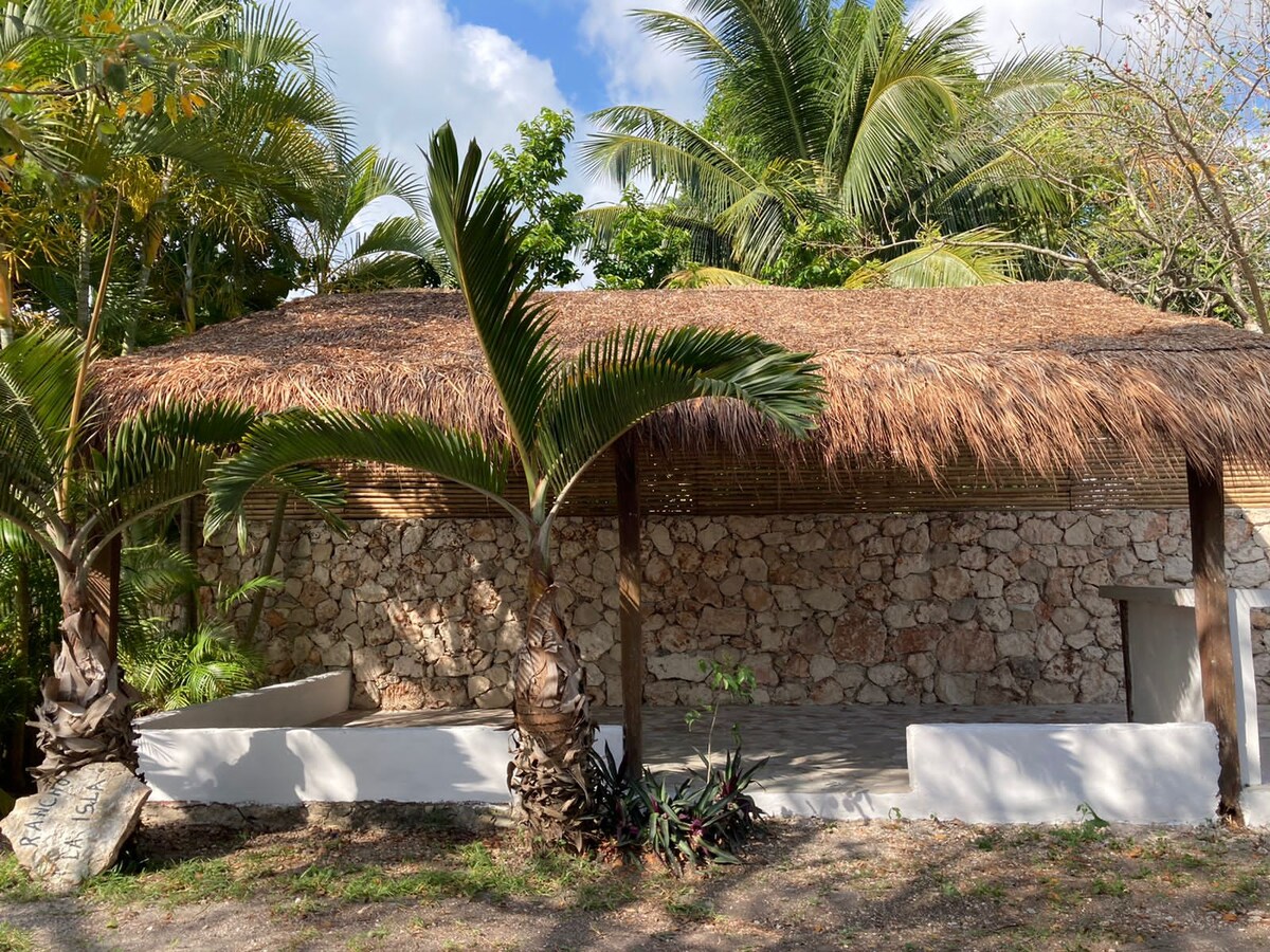 A thatched-roof palapa is set amidst lush greenery, showcasing a natural stone facade. The area is bordered by palm trees, providing shade and a calming atmosphere. A stone path leads to the entrance, offering easy access to the outdoor space.