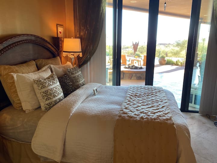 view from your window overlooking the patio and pool