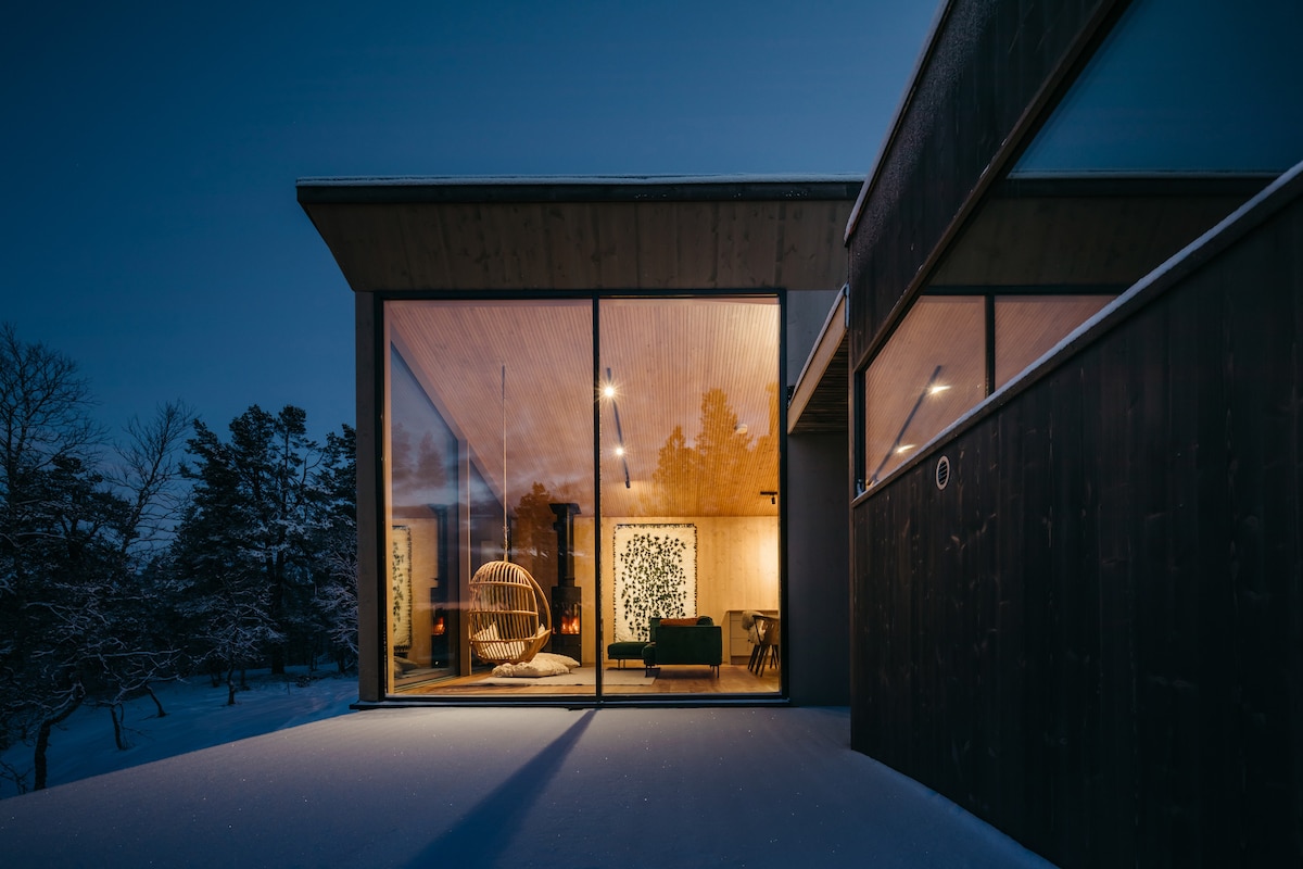 A modern villa is featured, showcasing large glass windows that provide a clear view of the interior. A hanging chair is visible, along with warm lighting that highlights the design elements. Snow covers the ground outside, adding to the serene winter ambiance.