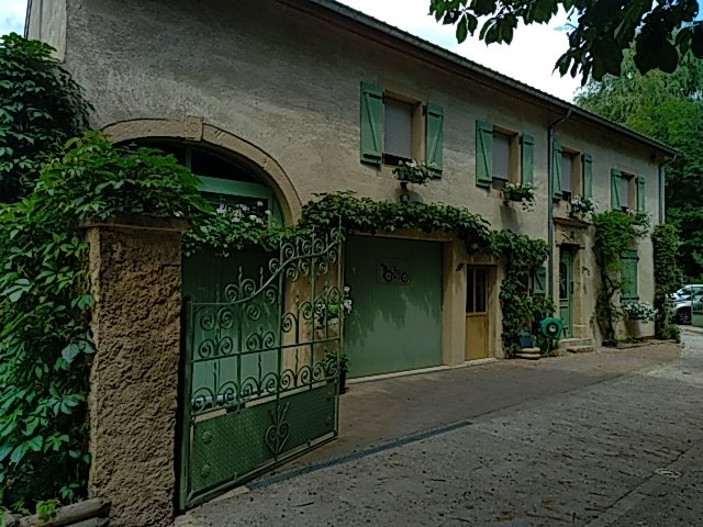 The exterior of a charming house is framed by green shutters and lush vines, creating a natural ambiance. An ornamental gate leads to the entrance, while planters adorn the windows. The driveway is visible, providing access to the property.