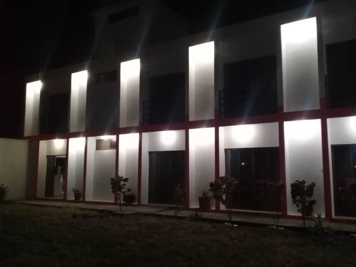 The exterior of the hotel is illuminated at night, showcasing a modern design with clean lines. Vertical light columns highlight the structure’s facade, while large windows reflect the bright surroundings. Neatly arranged plants with blooming flowers are positioned in front of the building on a grassy area.