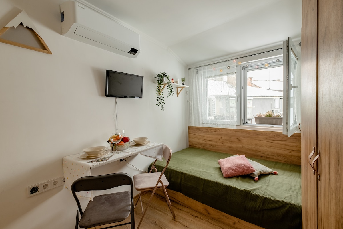 A cozy studio space features a small double bed with green bedding, complemented by a decorative pink cushion. A foldable table with two chairs is positioned near the window, which allows natural light to fill the room. An air-conditioning unit hangs above a small television mounted on the wall.