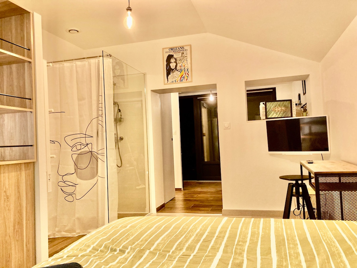 A spacious studio layout is seen, featuring a comfortable bed with a light-colored bedspread. A modern shower stall is partially visible behind a frosted curtain. A small workspace with a monitor is positioned near a wooden shelf, with warm wood flooring adding to the overall ambiance.