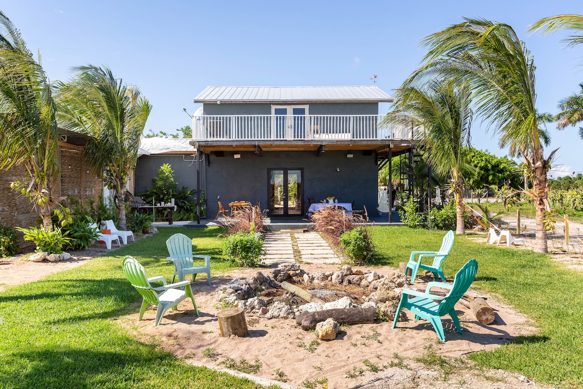 A modern farmhouse is set against a clear blue sky, surrounded by palm trees. An inviting fire pit is encircled by several adirondack chairs in a grassy area, with a pathway leading to the house's entrance. Lush greenery and agricultural land are visible in the background.