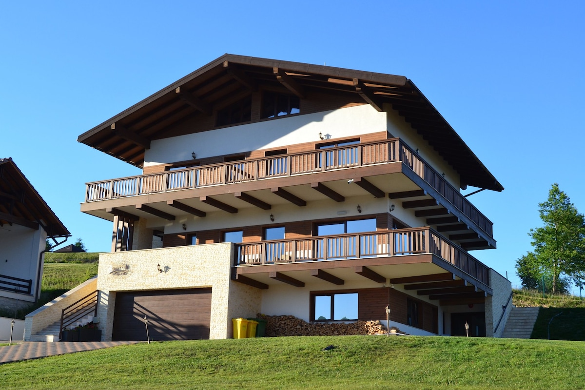 The chalet's exterior features a multi-level structure with a sloped roof and ample balconies. Wood accents are present throughout, enhancing the rustic charm. A driveway leads to a garage, with a stack of wood visible beside it. The surrounding greenery complements the serene atmosphere.