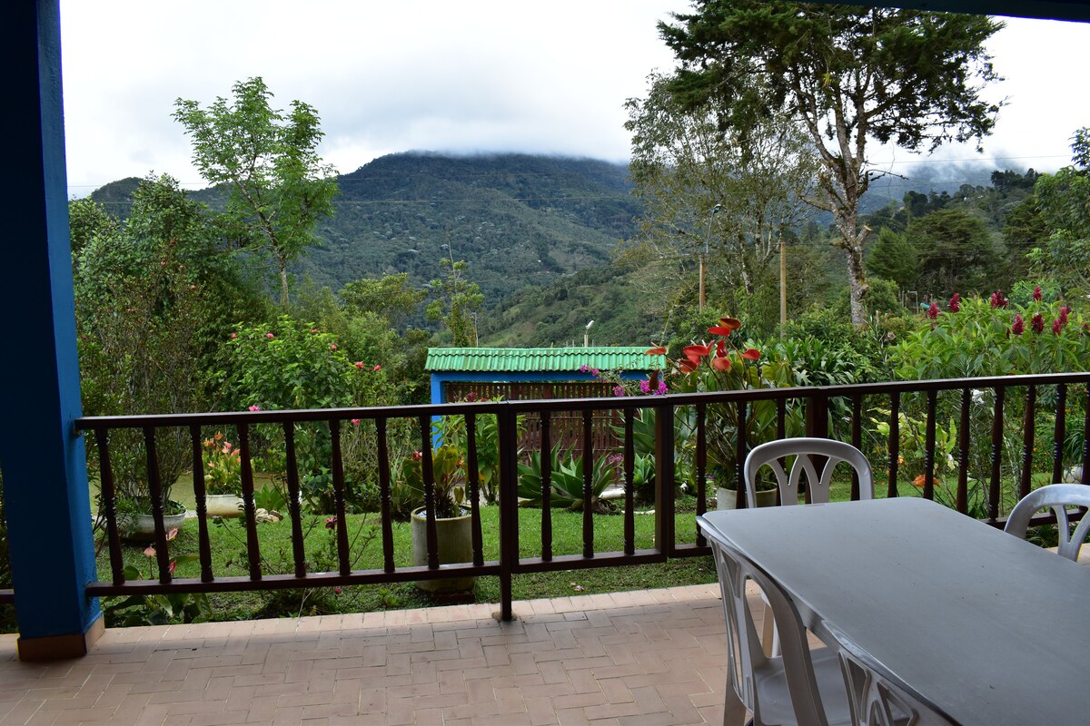 A spacious outdoor patio features a table and chairs, providing a view of lush greenery and distant mountains. Vibrant flowers and plants adorn the yard, while a partially cloudy sky adds depth to the tranquil landscape.