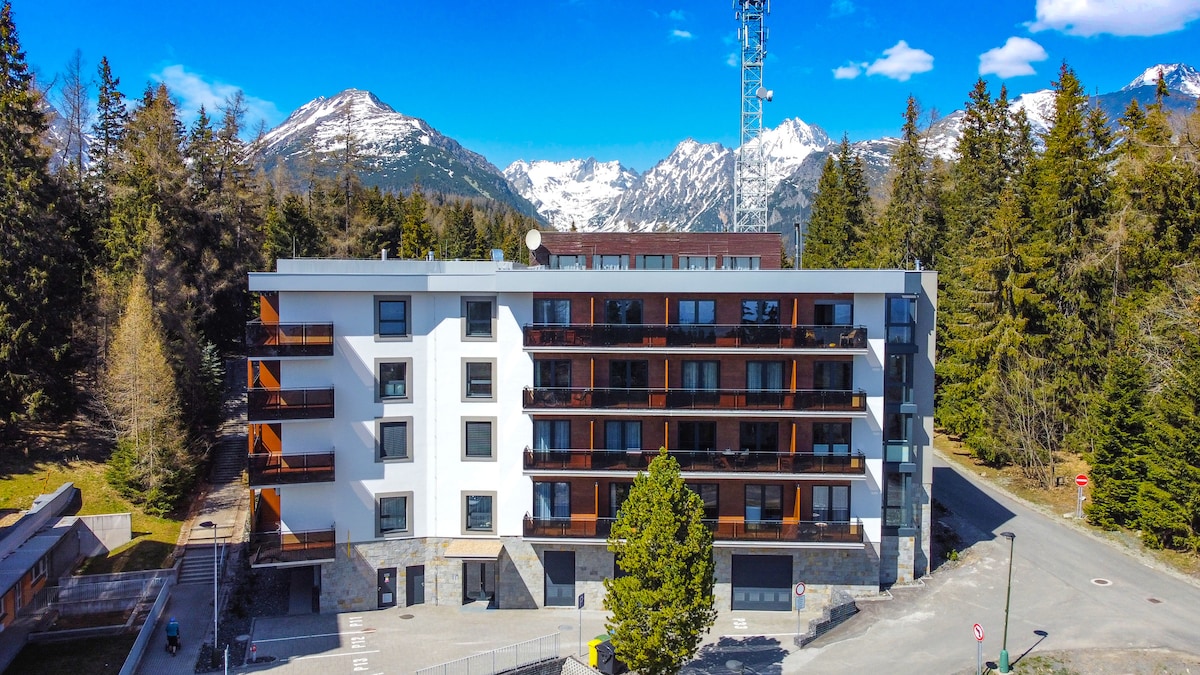 A modern building is observed, featuring multiple balconies and a mix of wood and stone exterior. Surrounding mountainous landscapes are visible in the background, with tall trees dotting the area. The structure stands against a clear blue sky, indicating a welcoming setting.
