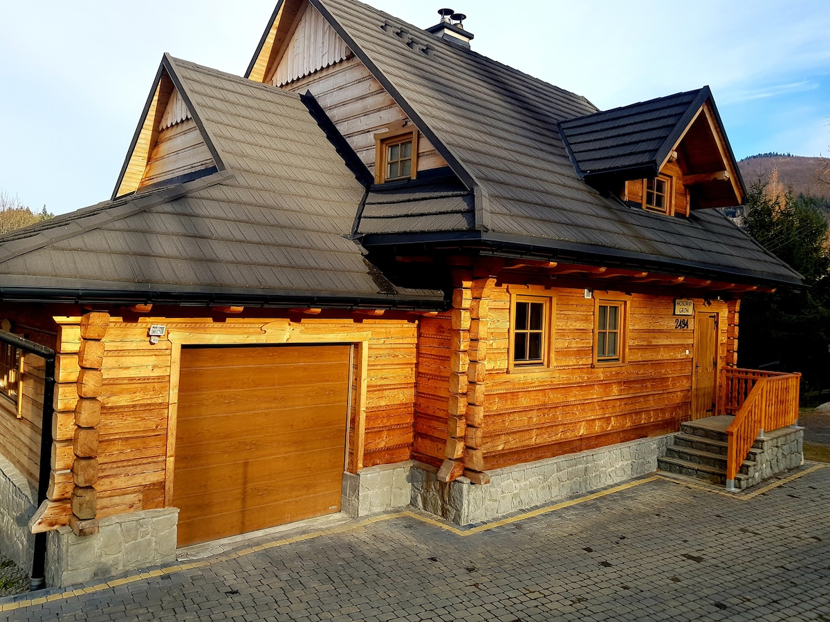 The exterior of a wooden cabin is showcased, featuring a stone foundation and a wooden garage door. The roof is sloped, and several small windows are visible. A wooden staircase leads to the entrance, which is framed by logs.